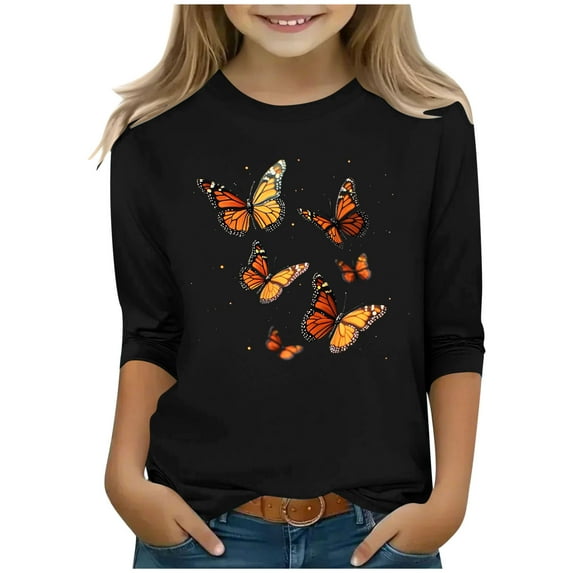 CLOISE Youth Shirts for Girls 3/4 Sleeve Boys Crew Neck Tops Butterfly Casual Fashion Fall Winter Clothes Multicolor 3-12T