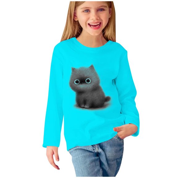 CLOISE Youth White Tshirt Boy Girls Long Sleeve Crew Neck Tops Print Casual Fashion Fall Winter Clothes Light Blue 9T