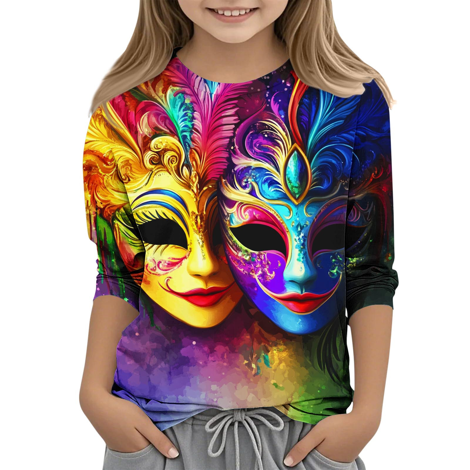 CLOISE Youth White Tshirt Boy Girls Mardi Gras 3/4 Sleeve Crew Neck ...