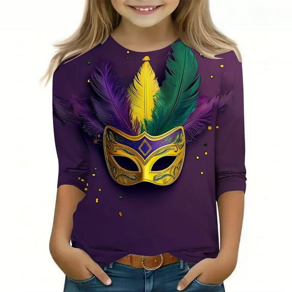 CLOISE Youth White Tshirt Boy Girls Mardi Gras 3/4 Sleeve Crew Neck Tops Print Outfits Fall Winter Clothes Multicolor 120