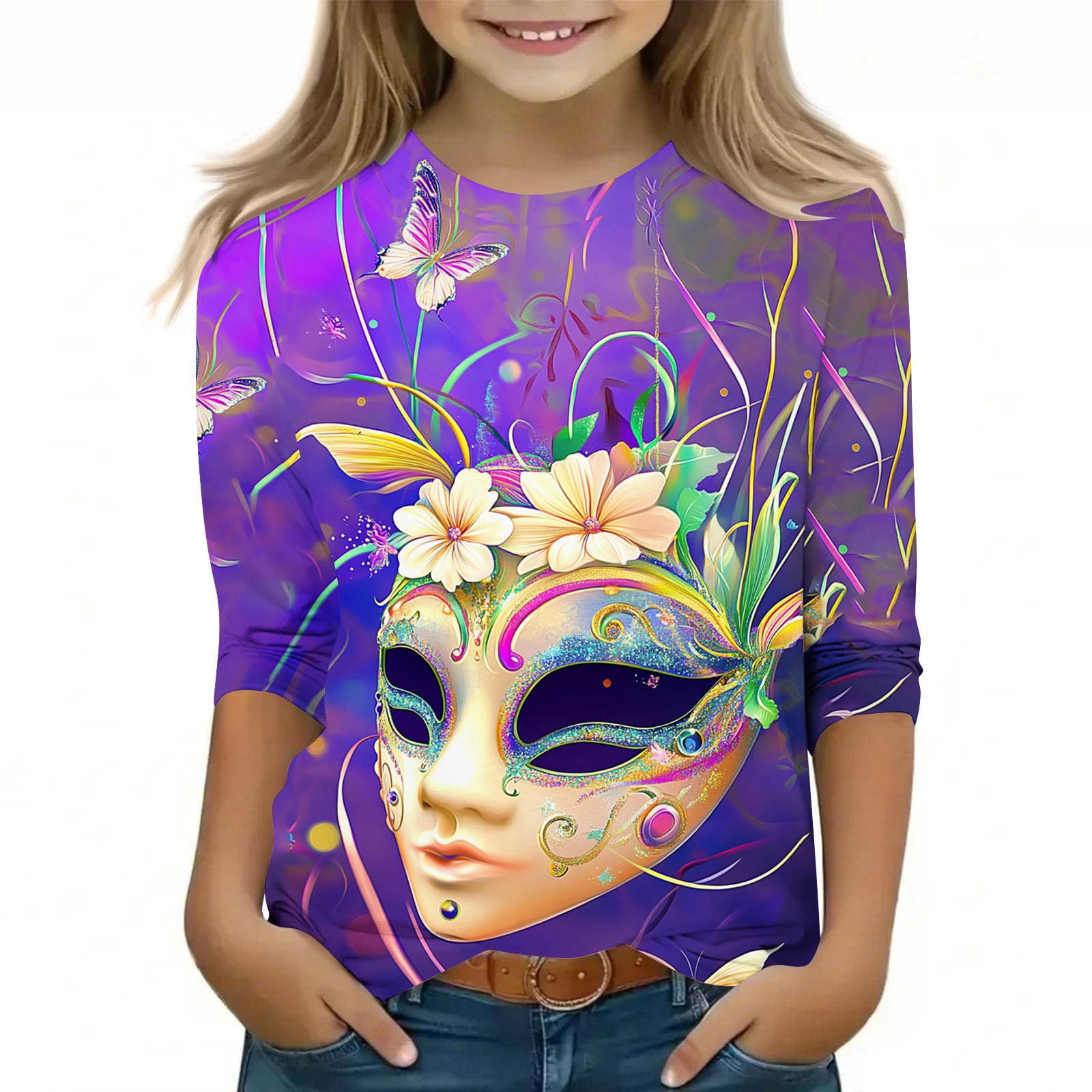 CLOISE Youth White Tshirt Girl Boys Mardi Gras 3/4 Sleeve Crew Neck ...