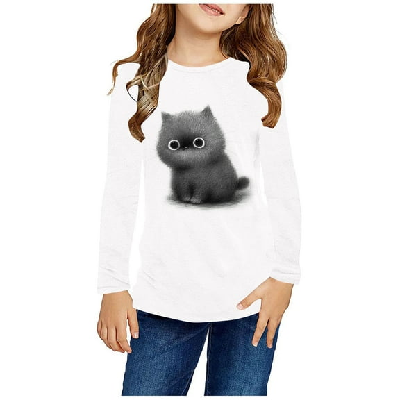 CLOISE Youth White Tshirt Girl Boys White Long Sleeve Crew Neck Tops Print Casual Fashion Fall Winter Clothes 11T