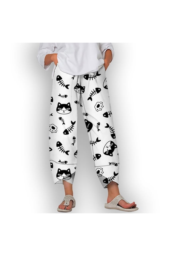 Cartoon Wide Leg Pants Cat and Fish Bone 3D Printing Plus Size Trousers