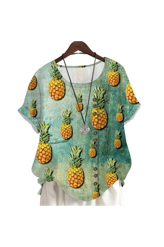 Crew Neck Blouse Art Pineapple 3D Printed Short Sleeve Tees Plus Size