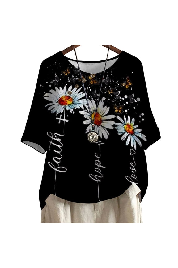 Crew Neck Blouse Butterfly Flowers 3D Printed Tees Female Loose Casual Women's Plus Size Tops
