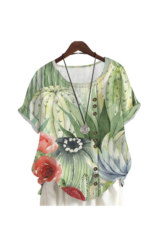 Crew Neck Blouse Watercolor Cactus Printed Casual Shirt Plus Size Short Sleeve Tops