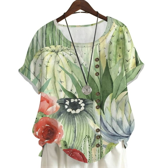 CLOOCL Crew Neck Blouse Watercolor Cactus Printed Casual Shirt Plus Size Short Sleeve Tops