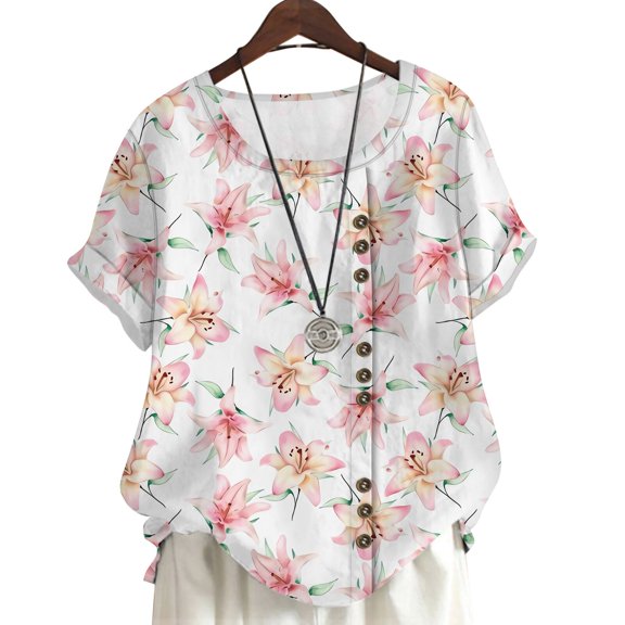 CLOOCL Elegant Women Blouses Pink Lily 3D Printed Short Sleeve T-Shirts Oversized