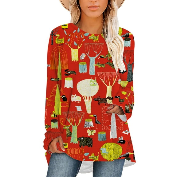 CLOOCL Fun Cats Printed T-Shirts Scoop Hem Top Oversized Long Sleeve Red Shirts