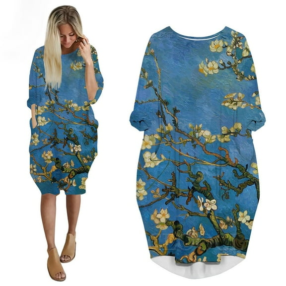 CLOOCL Loose Dresses Van Gogh Apricot Blossom Print Long Sleeves Pocket Dresses Art Aesthetics Clothing