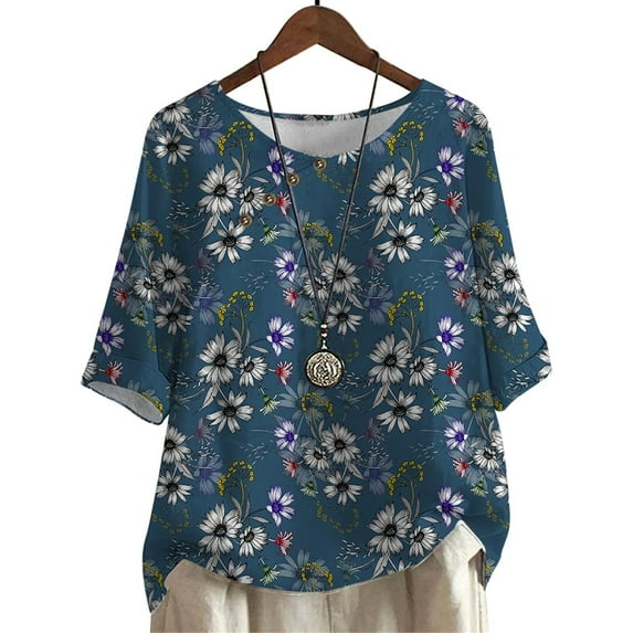 CLOOCL Mid Sleeve Women T-Shirt Retro Daisy Printing Casual Tops Plus Size Blouse