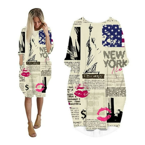 CLOOCL Newspaper Print Dress Oversized Women Long Sleeve Barrel Skirt Loose Casual Shift Dress