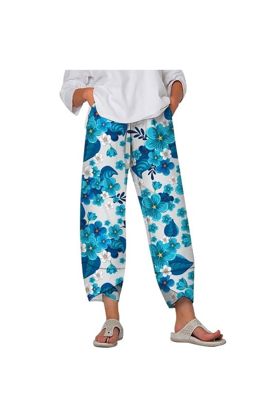Oversize Trousers Small Flowers Pattern Print Ankle Slit Pant Wide Plus Size Women Leg Pants