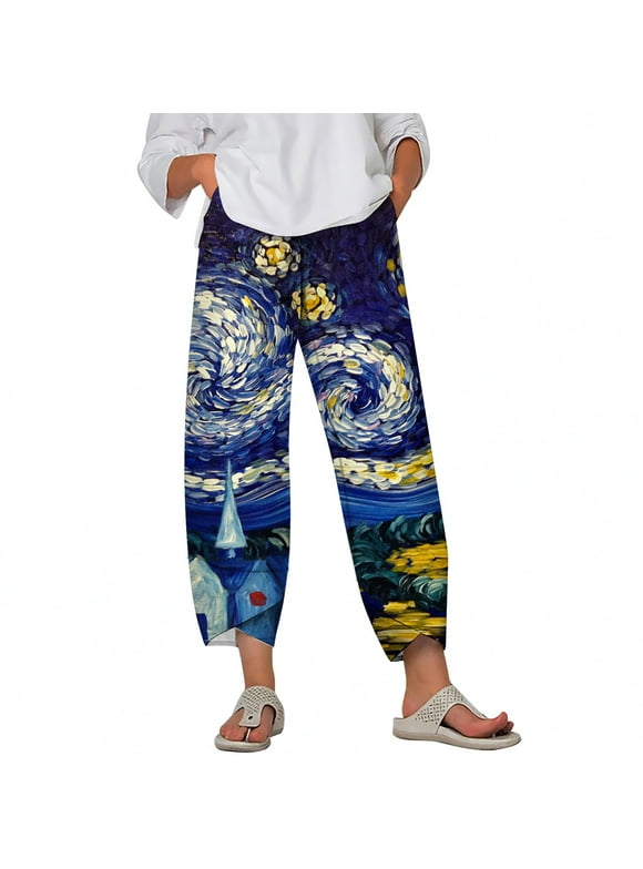 CLOOCL Oversize Trousers Van Gogh Pattern Print Ankle Slit Pant Wide Plus Size Women Casual Pants