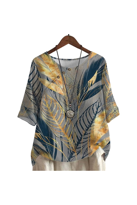 Oversized Blouse Rainforest Leaves Printed Mid Sleeve Shirts Nordic Style T Shirts