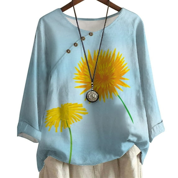 CLOOCL Oversized Fashion T-shirt for Women Dandelion Flower Print Tops Round Neck Long Sleeve Blouse Tops