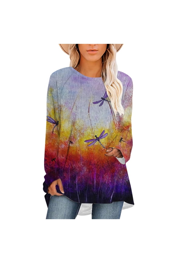 Plus Size Blouse For Women Retro Dragonfly Pattern 3D Printed Female Long Sleeve Woman Fashion Tops