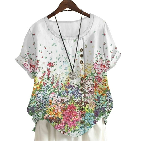 CLOOCL Plus Size Blouses Fantasy Floral Graphic Printing Short Sleeve Shirts Tops