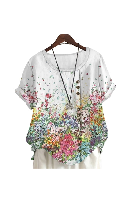 Plus Size Blouses Fantasy Floral Graphic Printing Short Sleeve Shirts Tops