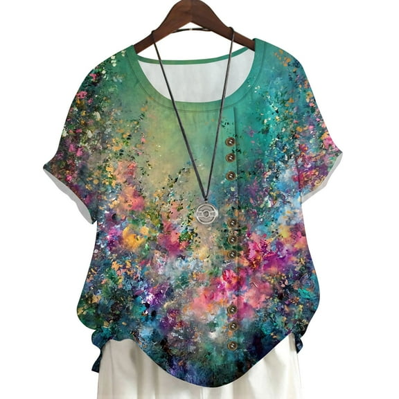 CLOOCL Plus Size Blouses Fantasy Garden Graphic Printing Short Sleeve Female Tops
