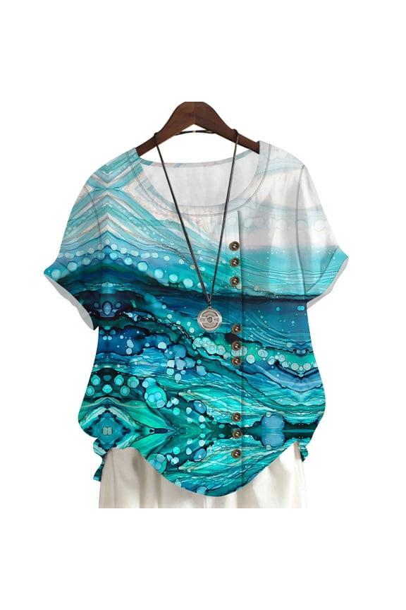 Plus Size Blouses Moroccan Lake Water Pattern 3D Printed Short Sleeve Shirts