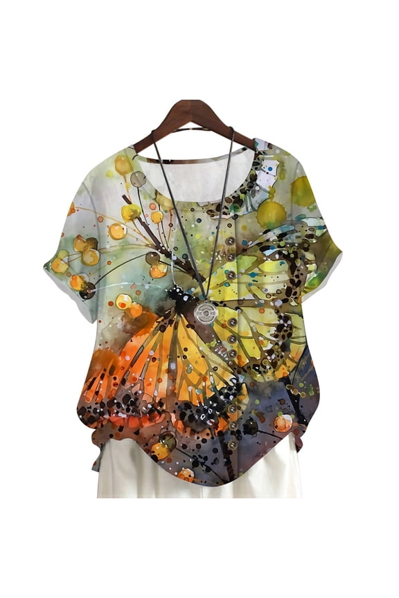 Plus Size Blouses Retro Butterfly Graphic Printing Short Sleeve Female Tops