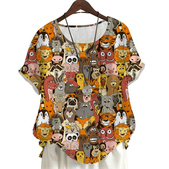 CLOOCL Plus Size Short Sleeve Shirts for Women Cartoon Animal 3D Printed Blouse
