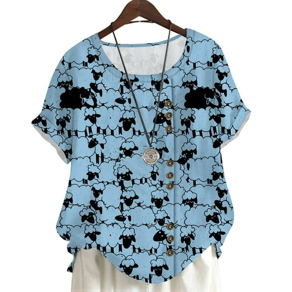 CLOOCL Plus Size Short Sleeve Shirts for Women Cartoon Sheep 3D Printed Blue Blouse