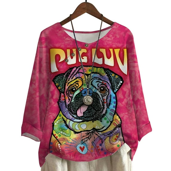 CLOOCL Plus Size T-Shirt for Women Cute Pug Dog Print Blouse Long Sleeve Casual Female Loose Tops