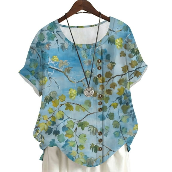 CLOOCL Plus Size Women Blouse Sunny Tree Printed Casual Shirt Summer Crew Neck Tops
