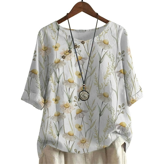 CLOOCL Plus Size Women Blouse White Daisy Printed Casual Mid Sleeve Shirts Summer Tops