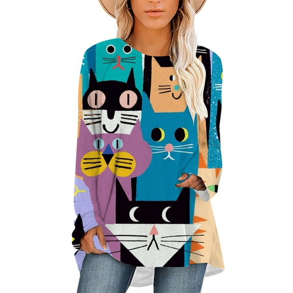 CLOOCL Plus Size Women T-Shirts Cartoon Cats Printed Scoop Hem Top Vintage Pullover Tees