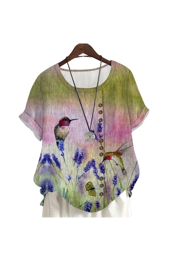 Plus Size Women T-Shirts Flowers and Bird Printed Summer Blouse