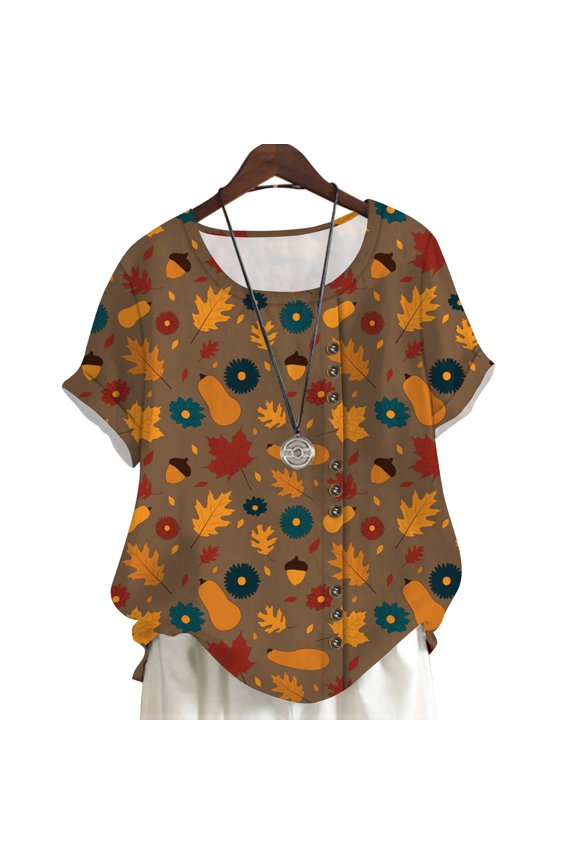 Plus Size Women T-Shirts Maple Leaf Acorn Printed Summer Casual Blouse