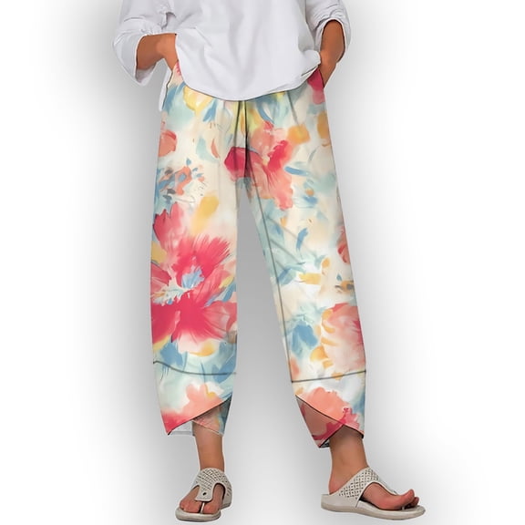 CLOOCL Pocket Pants Women Nine-point Pants Watercolor Flower 3D Print Slacks Pants Plus Size