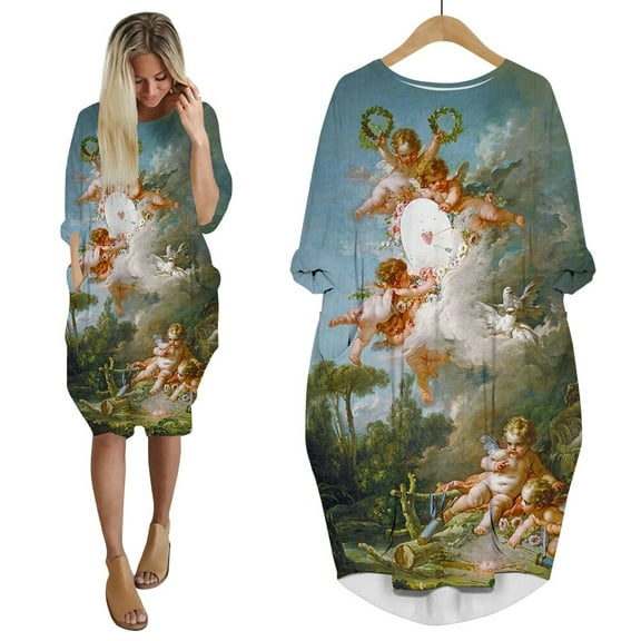 CLOOCL Retro Dress Angel Oil Painting 3D Printed Loose Casual Straight Dress Long Sleeve Pocket Dress