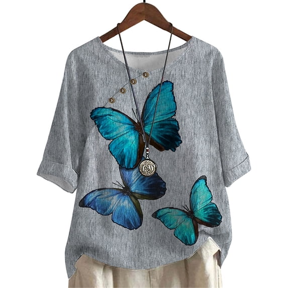CLOOCL Retro Women Blouse Blue Butterfly Printing Mid Sleeve T-Shirt Plus Size