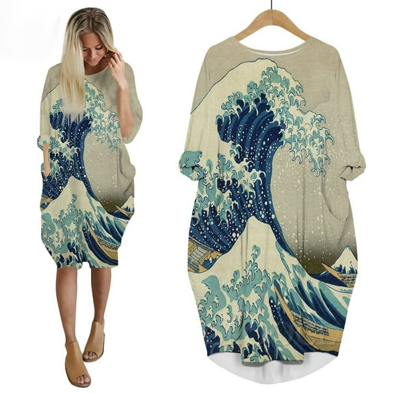 CLOOCL Retro Women Shift Dresses Kanagawa Surfing Printed Dress Long Sleeve Loose Fashion Dress