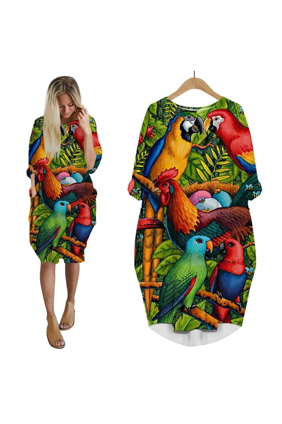 Shift Dress Rooster Parrot Pattern 3D Printed Female Clothes Fashion Long Sleeve Dress Oversized