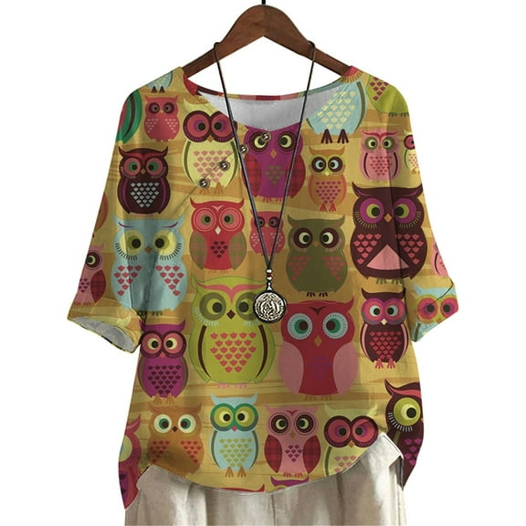 CLOOCL Shirts for Women Retro Owl Pattern Printed Blouse Mid Sleeve Plus Size Tee Tops