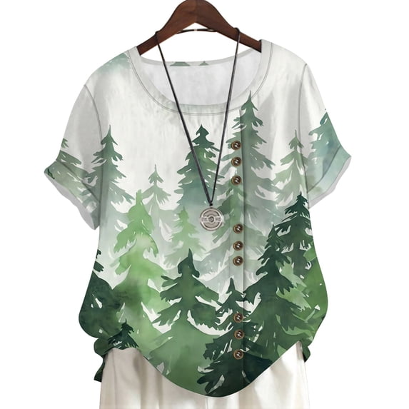 CLOOCL Short Sleeve Blouse Simple Forest Printed Casual Shirt Plus Size Summer Tops