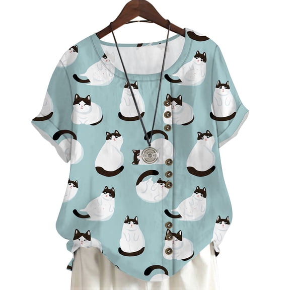 CLOOCL Short Sleeve T Shirt Women Chubby Cat Printed Oversized Shirt Summer Blouse