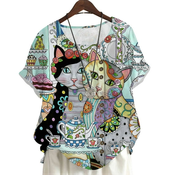 CLOOCL Short Sleeve T Shirt Women Tops Art Cat Painting Printed Shirt Summer Blouse
