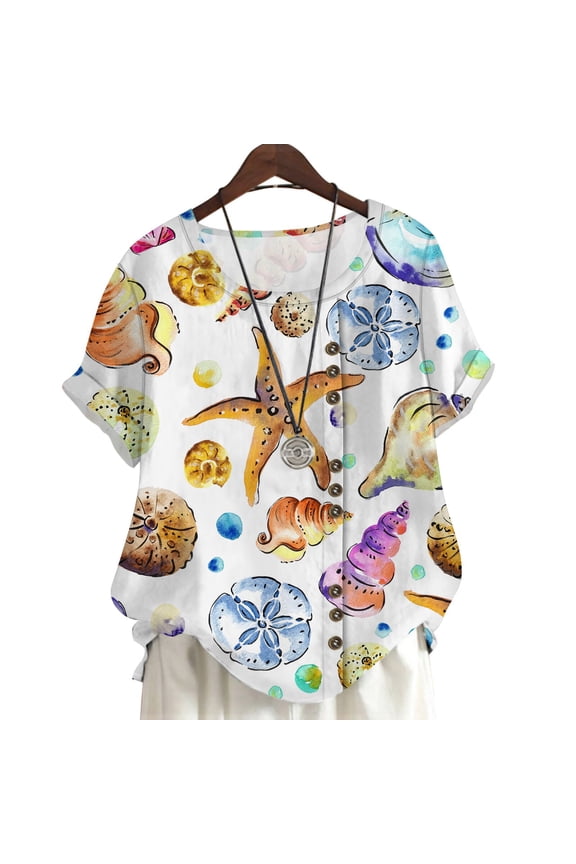 Summer Women Blouse Seashell 3D Printed Short Sleeve Shirts Y2k Top