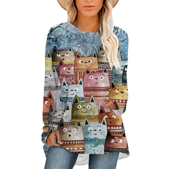CLOOCL Women Blouse Animal Cartoon Cat 3D Printed T-shirt Long Sleeve Casual Plus Size Tops