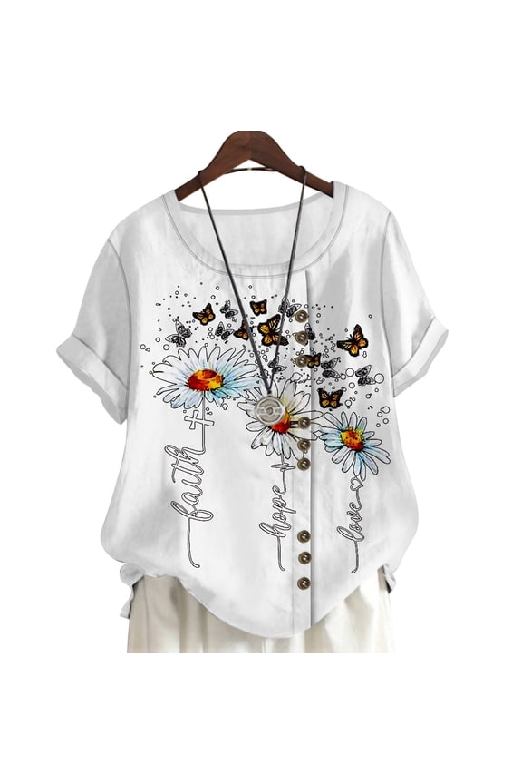 Women Blouse Daisy Printed Summer Short Sleeve T-Shirt Plus Size