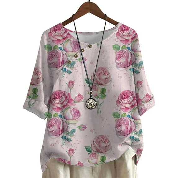 CLOOCL Women Blouse Pink Rose Printed Plus Size Shirts Mid Sleeve Summer Clothing