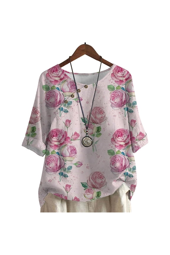 Women Blouse Pink Rose Printed Plus Size Shirts Mid Sleeve Summer Clothing