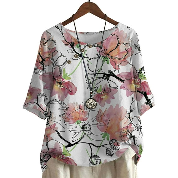 CLOOCL Women Blouse Watercolor Floral Printed Plus Size Shirts Mid Sleeve Summer Clothing
