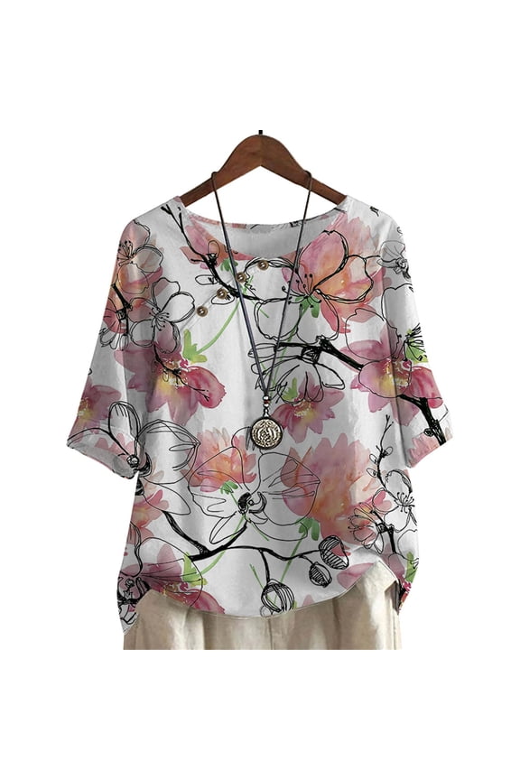 Women Blouse Watercolor Floral Printed Plus Size Shirts Mid Sleeve Summer Clothing